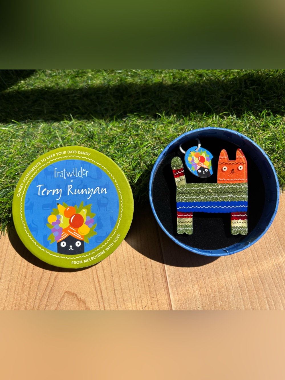 NWT Erstwilder Terry Runyan Colorful Piñata Cat Brooch Pin